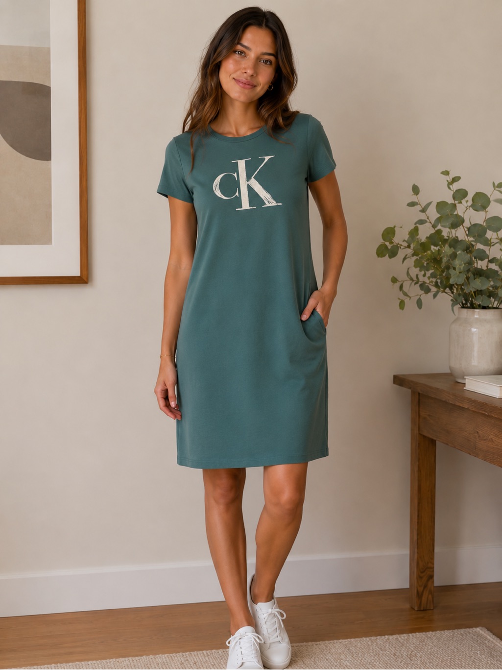 Calvin Klein Green Mini Dress With White Logo